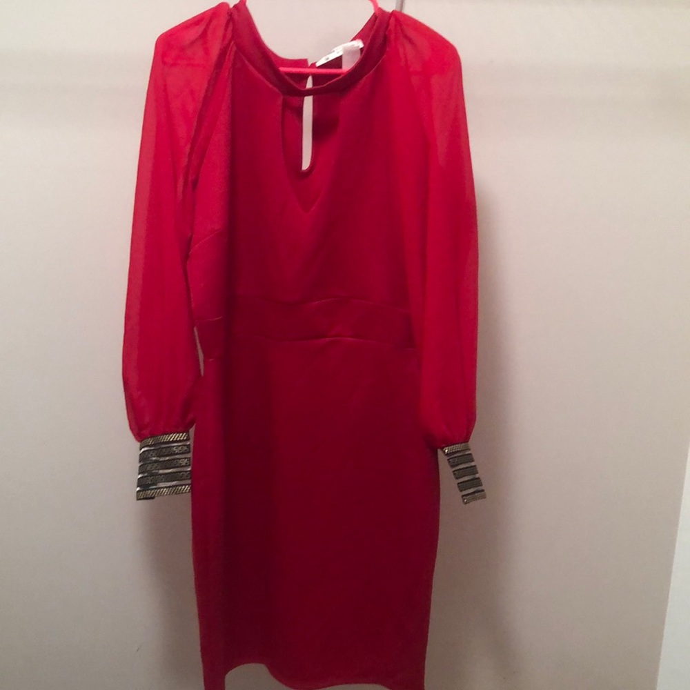 Red sheer sleeves dress.  Key hole neck line. NWT